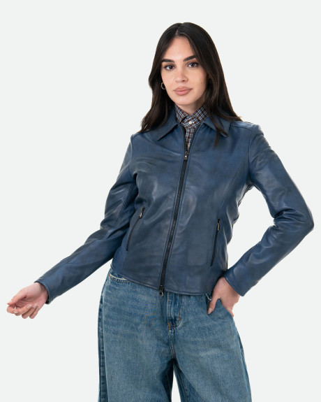 Women's Blue Leather Jacket - Eva | Leather Trend
