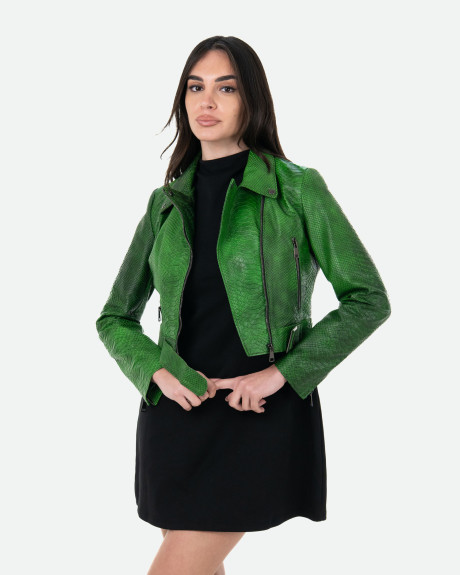 Chiodo in Pelle Effetto Cocco Donna Verde - Chiodino | Leather Trend 2