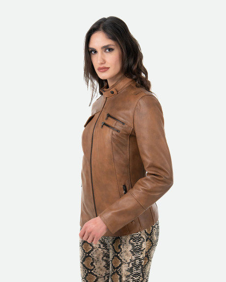 Women's Light Brown Leather Jacket - Michelina | Leather Trend 2