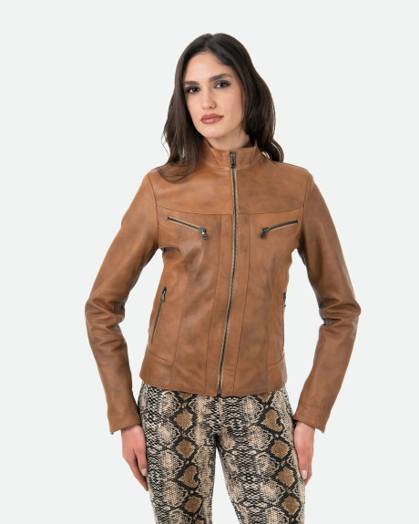 Women’s Light Brown Leather Biker Jacket - Kelly | Leather Trend 2