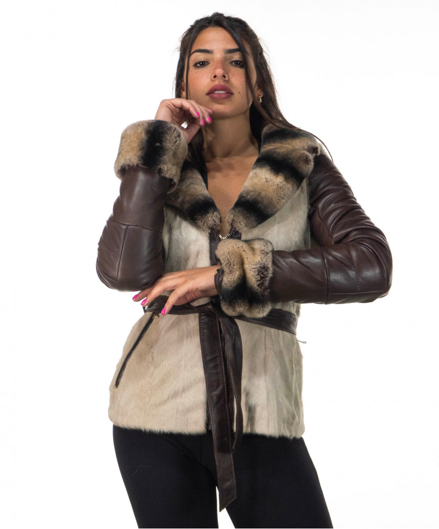 Claudia - Women's Jacket in Genuine Dark Brown Leather and Real Fur