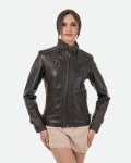 Women's Dark Brown Leather Biker Jacket - V173 | Leather Trend