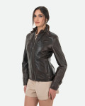 Women's Dark Brown Leather Biker Jacket - V173 | Leather Trend