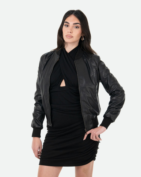 Women's Black Leather Bomber Jacket - Malesia | Leather Trend 2