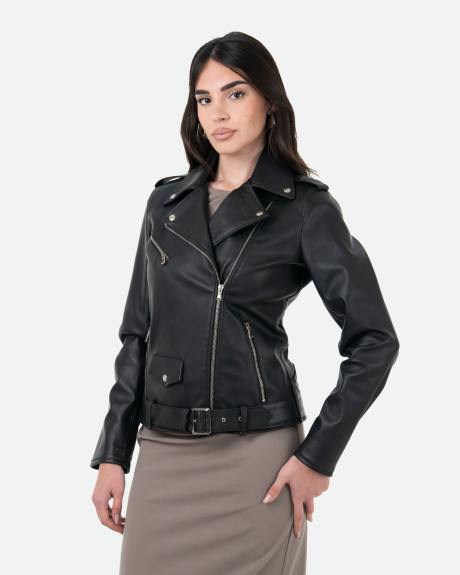 Women's black leather perfecto jacket – Emma | Leather Trend