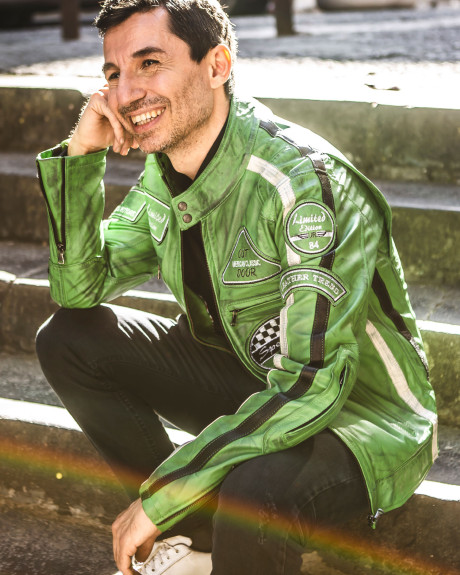 Biker in Pelle da Uomo Verde Kawasaki – Axel | Leather Trend 2