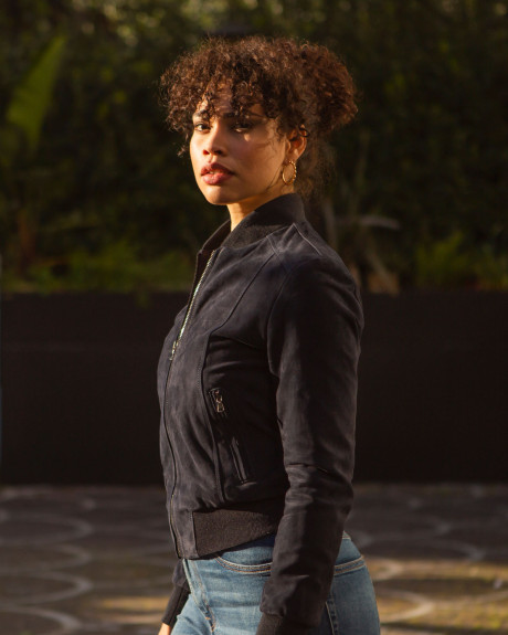 Women's Blue Suede Leather Bomber Jacket - Malesia | Leather Trend 2