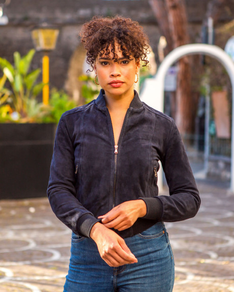 Women's Blue Suede Leather Bomber Jacket - Malesia | Leather Trend