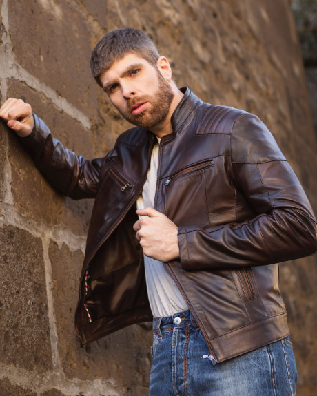 Men's Dark Brown Leather Biker Jacket - Attila | Leather Trend 2