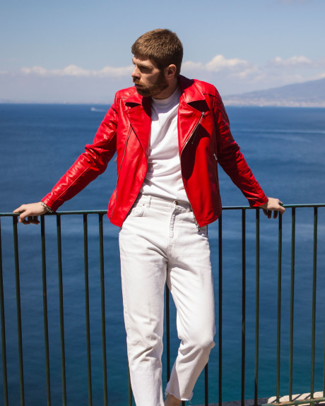 Men's red leather perfecto jacket - V248 | Leather Trend