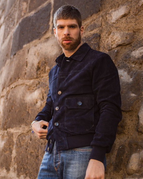 Men's Blue Suede Bomber Jacket - U03 | Leather Trend