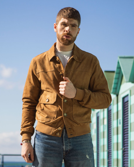 Men's Honey Suede Bomber Jacket - U03 | Leather Trend