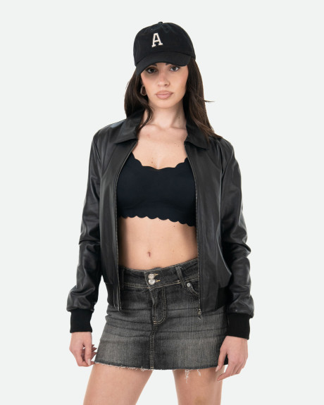 Women's Black Leather Bomber Jacket - Cloe | Leather Trend 2