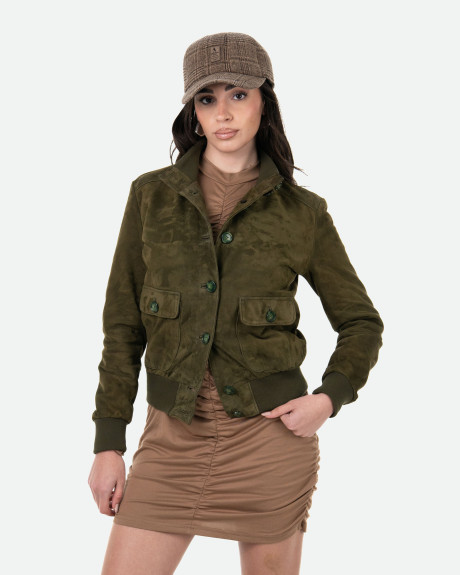 Bomber in Camoscio Donna Verde Scuro – Polo Bis | Leather Trend