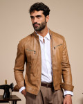 Men's Light Brown Leather Biker Jacket - U06 | Leather Trend