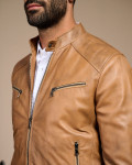 Men's Light Brown Leather Biker Jacket - U06 | Leather Trend