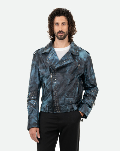 Chiodo Uomo Borchiato Blu in Pelle - Vasco | Leather Trend