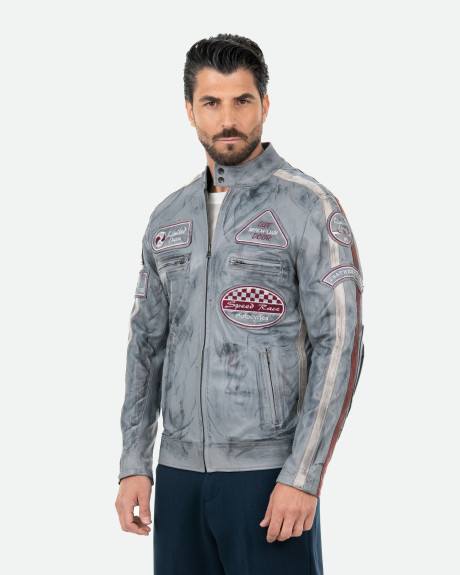 Biker in Pelle Tamponata da Uomo Grigio – Axel | Leather Trend