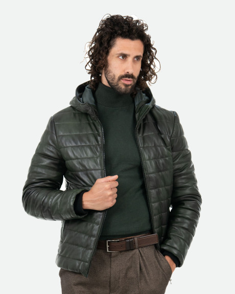 Men's Green Leather Down Jacket - Rio | Leather Trend 2