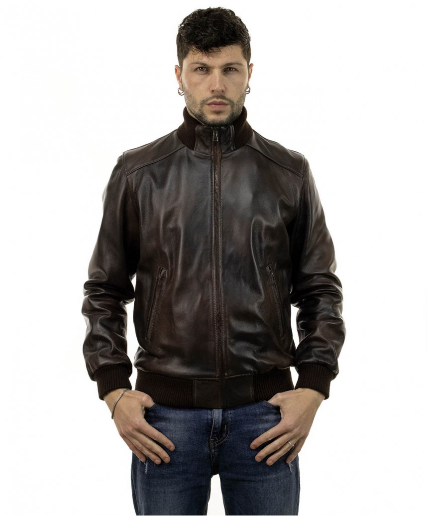 Men's Bomber - Men's Bomber Made of Genuine Dark Brown Leather