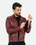 Men's Bordeaux Leather Biker Jacket - U06 | Leather Trend
