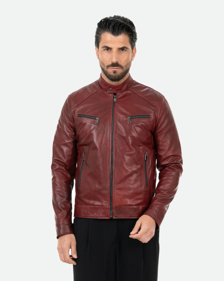 Men's Bordeaux Leather Biker Jacket - U06 | Leather Trend 2