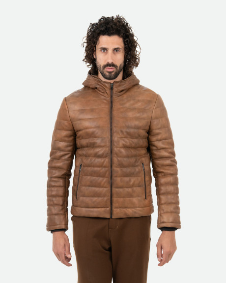 Men's Light Brown Leather Down Jacket - Rio | Leather Trend
