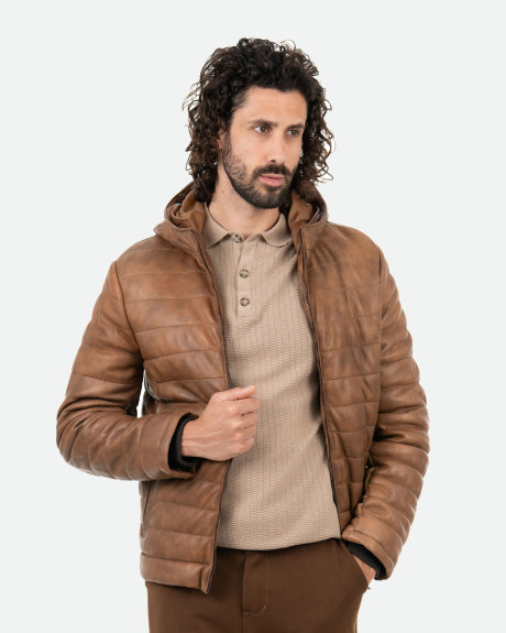 Men's Light Brown Leather Down Jacket - Rio | Leather Trend 2