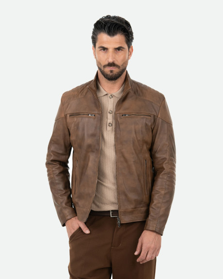 Men's Light Brown Leather Biker Jacket - Attila | Leather Trend