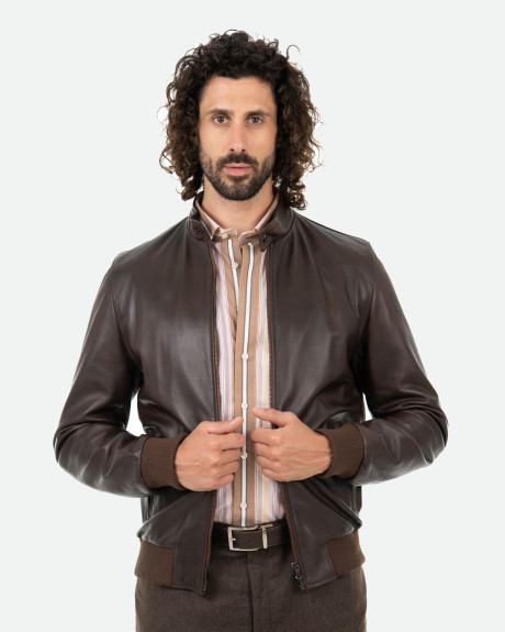 Men's Dark Brown Leather Bomber Jacket - Napoli | Leather Trend 2