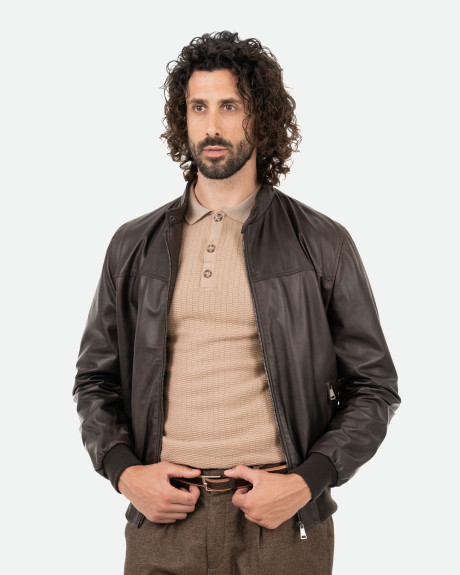 Men's Dark Brown Leather Bomber Jacket - Frank | Leather Trend 2
