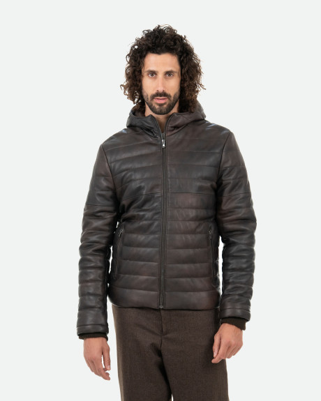 Men's Dark Brown Leather Down Jacket - Rio | Leather Trend
