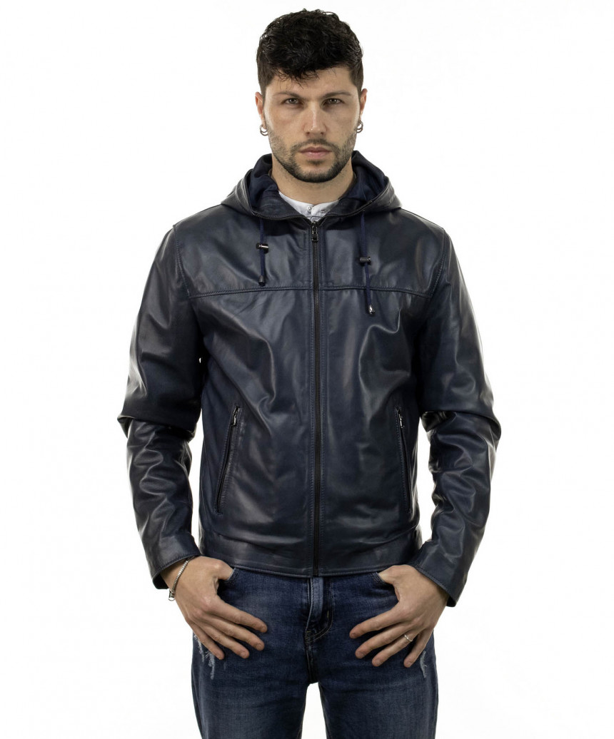 Terminator - Men's Blue Hooded Jacket in Real Leather