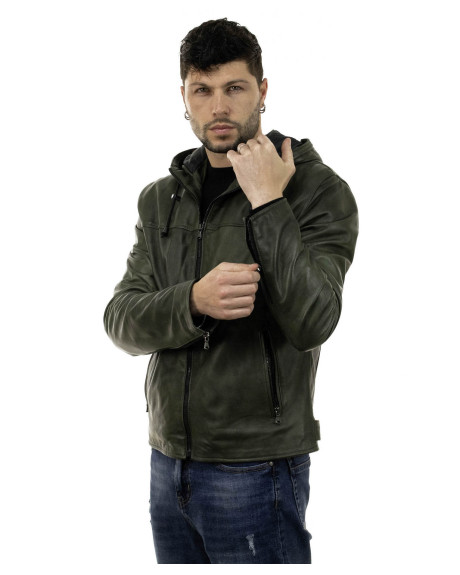 Giacca in pelle uomo verde con cappuccio in vera pelle 100% made in Italy 2