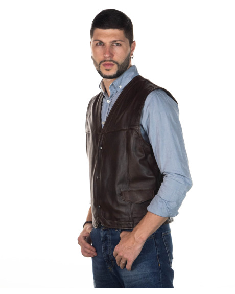 Classic men's vest in genuine dark brown leather 100% made in Italy 2
