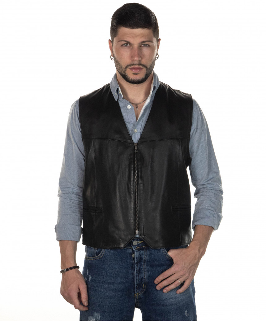 Lucio - Men's Vest in Genuine Black Leather