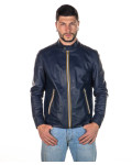 Giacca Uomo Blu in Pelle con Cerniere Colorate - U09 | Leather Trend