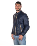 Giacca Uomo Blu in Pelle con Cerniere Colorate - U09 | Leather Trend