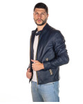 Giacca Uomo Blu in Pelle con Cerniere Colorate - U09 | Leather Trend