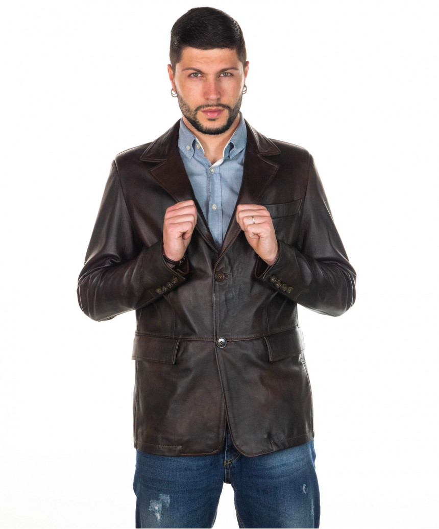 Classic - Men's Jacket in Genuine Dark Brown Leather