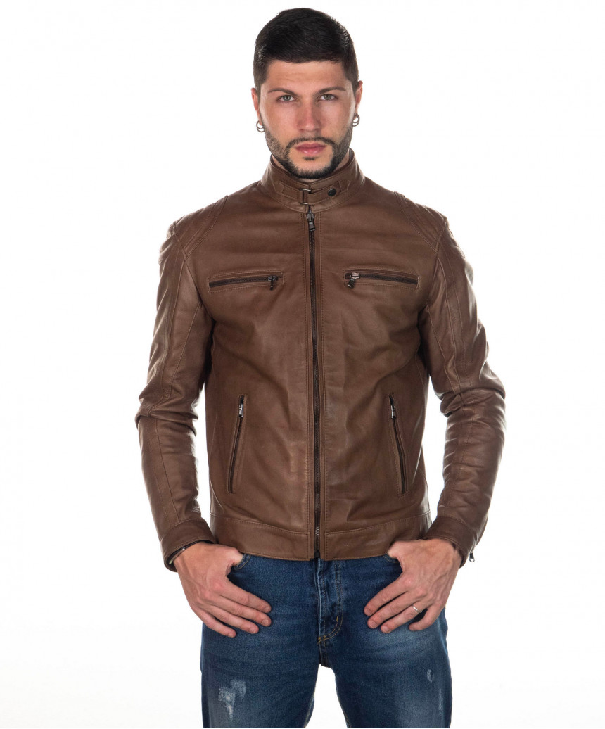 Avatar - Men's Biker Jacket in Genuine Brown Leather
