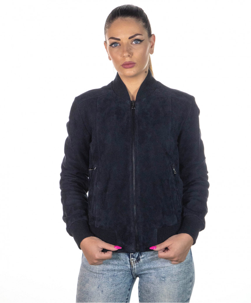 Malesia - Women's Bomber Jacket in Genuine Blue Suede Leather