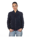Women's Blue Suede Leather Bomber Jacket - Malesia | Leather Trend