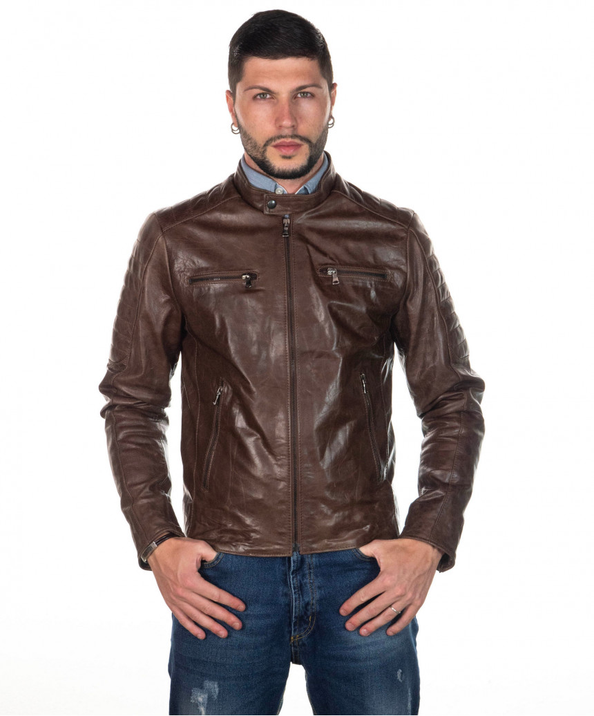 U05 - Men's Biker Jacket in Genuine Dark Brown Oil Vintage Leather