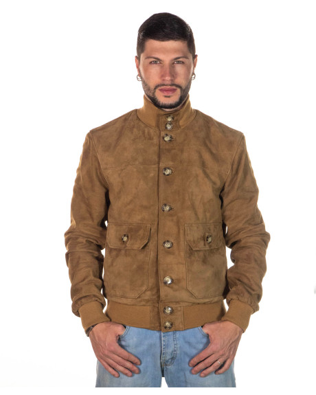 Giacca in camoscio uomo mod. Bomber miele in vera pelle scamosciata 100% made in Italy