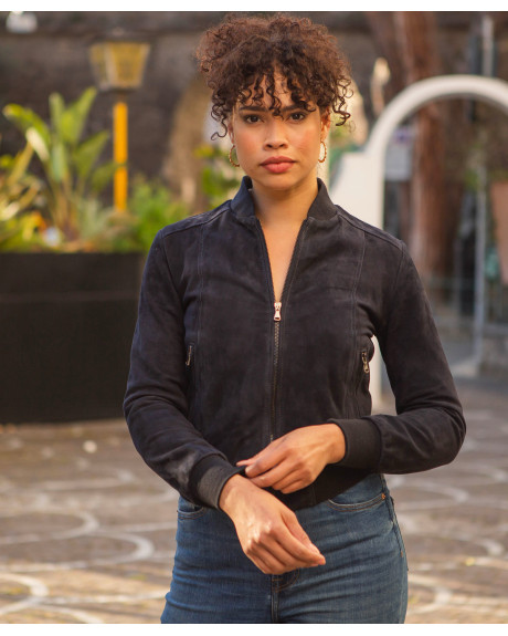 Women's Blue Suede Leather Bomber Jacket - Malesia | Leather Trend