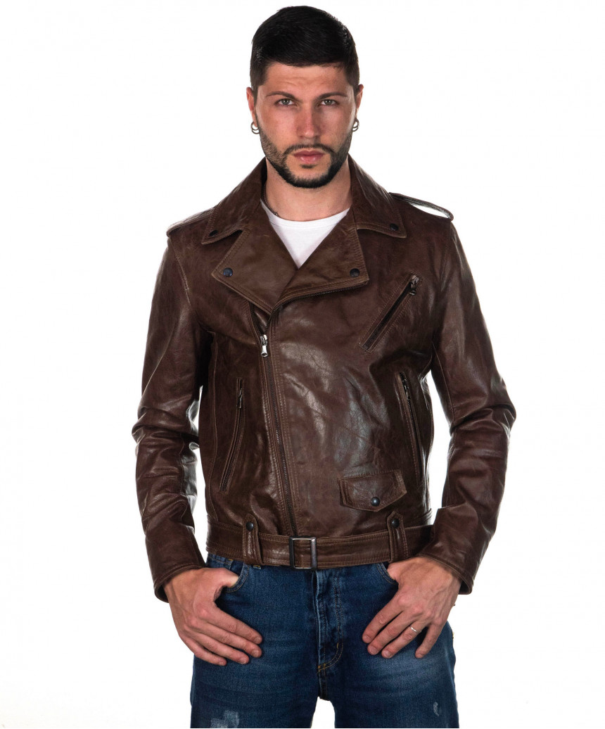 Perfecto Three Pockets - Men's Jacket in Genuine Dark Brown Oil Vintage Leather