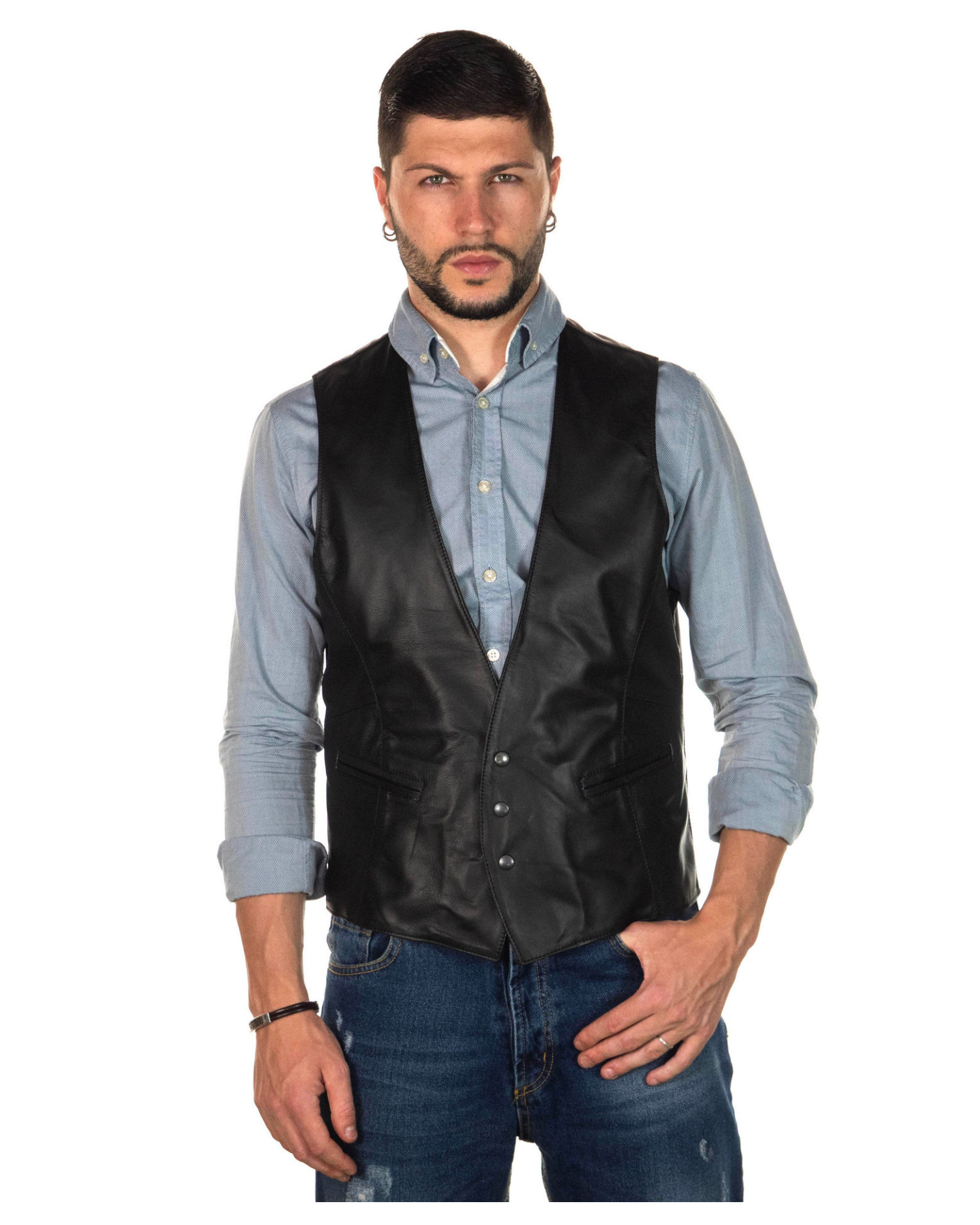 Leatherick Black Anarchy Club Leather Trim Denim Biker Waistcoat Vest With Deep Pockets S Black - View #10