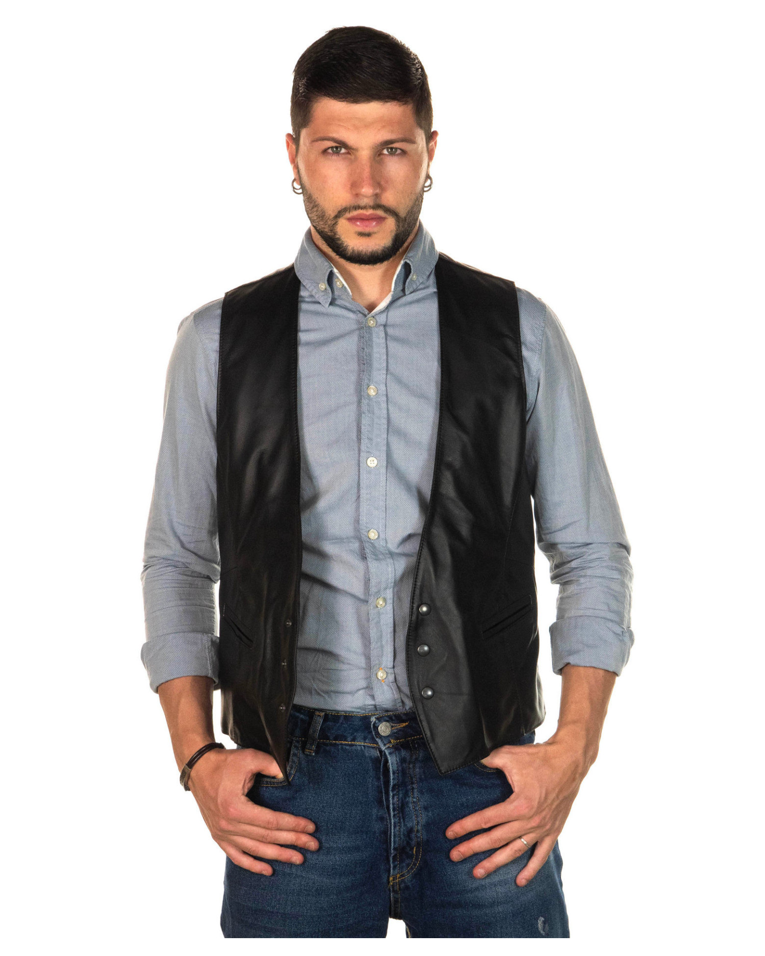 Gilet In Vera Pelle Per Uomo RAXUS K-10 - Gilet Moto Nero, Con Tracolla E Tasche, Fodera Interna