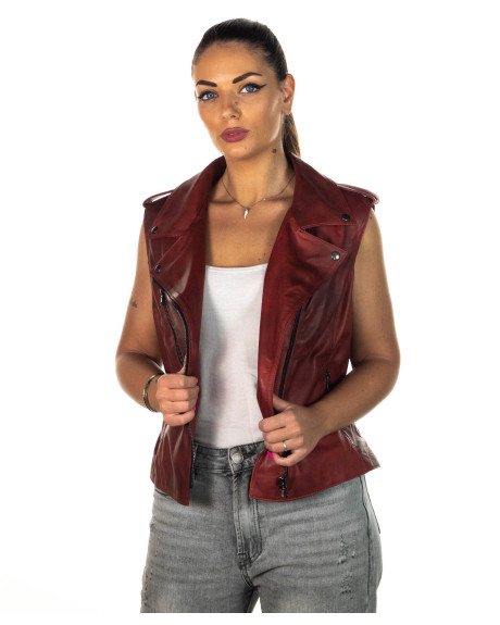 Perfecto woman vest mod. Valery bis in genuine bordeaux leather 100% made in Italy 2